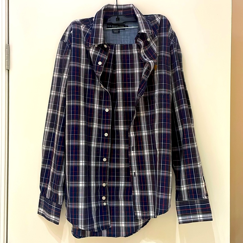 US Polo Assn Mens Plaid Button Down Shirt Navy Blue Red White Long Sleeve Medium
